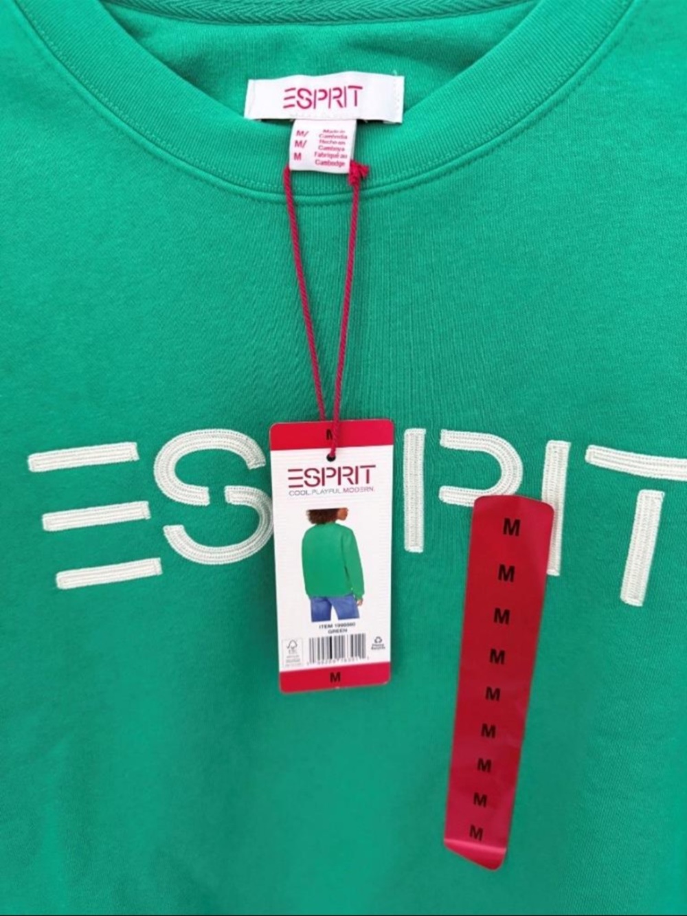 NWT Esprit Women's Logo Fleece Crewneck Sweatshirt Green White Retro Medium - Picture 3 of 7
